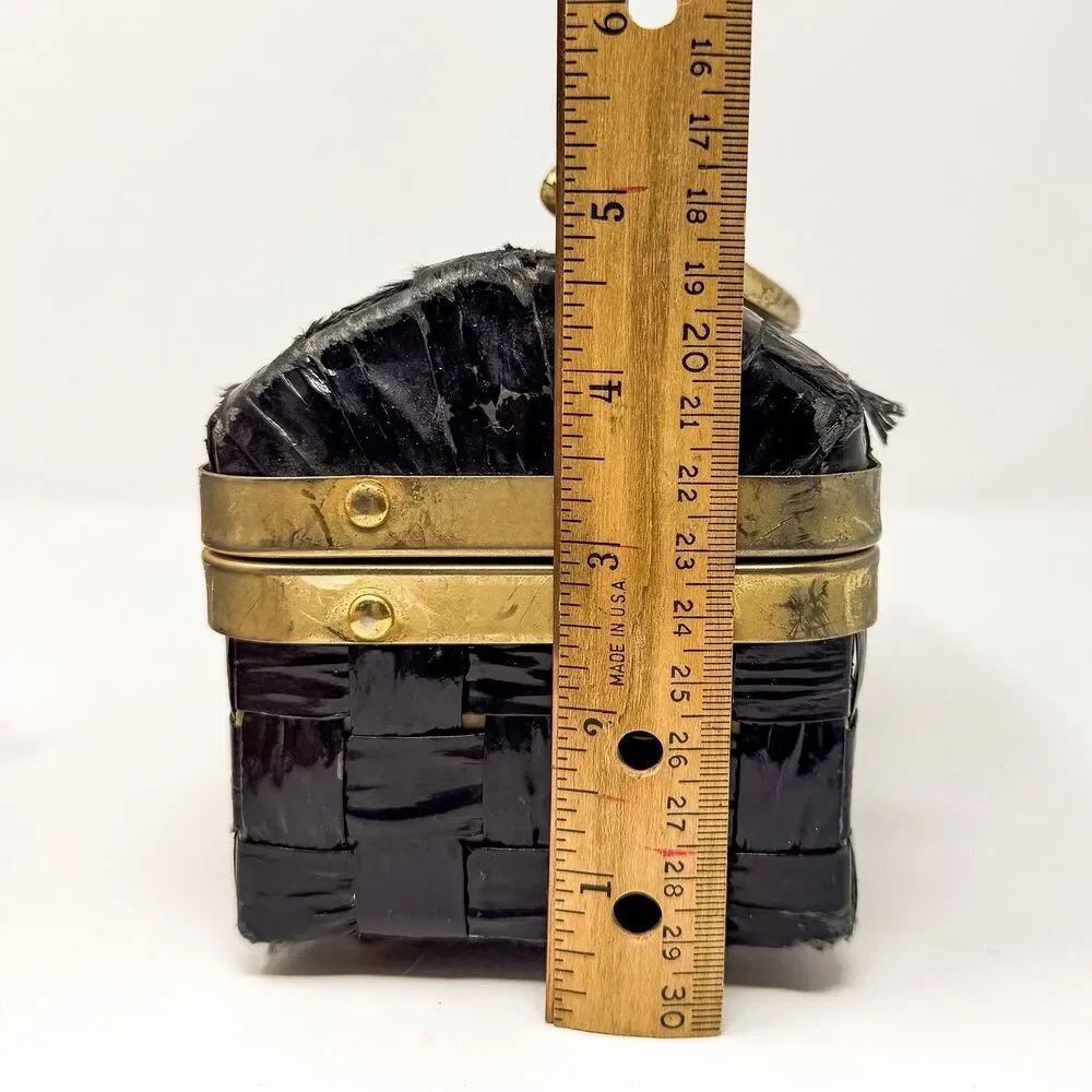 Vintage Woven Plastic Raffia Box Purse Black Gold Lucite Handle Jewelry Case